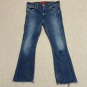 Levi's 519 Low Flare Jeans 13 JR Womens 32x31 Medium Wash Distressed Raw Hem Y2K